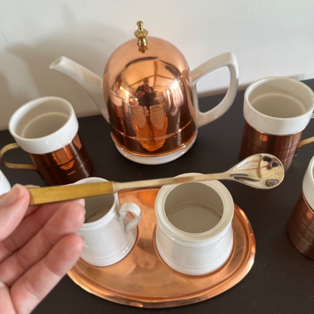 Vtg Baker Hart & Stuart Ceramic Copper Tea Set Teapot 4 Mugs Creamer 9pc Service - Picture 5 of 16